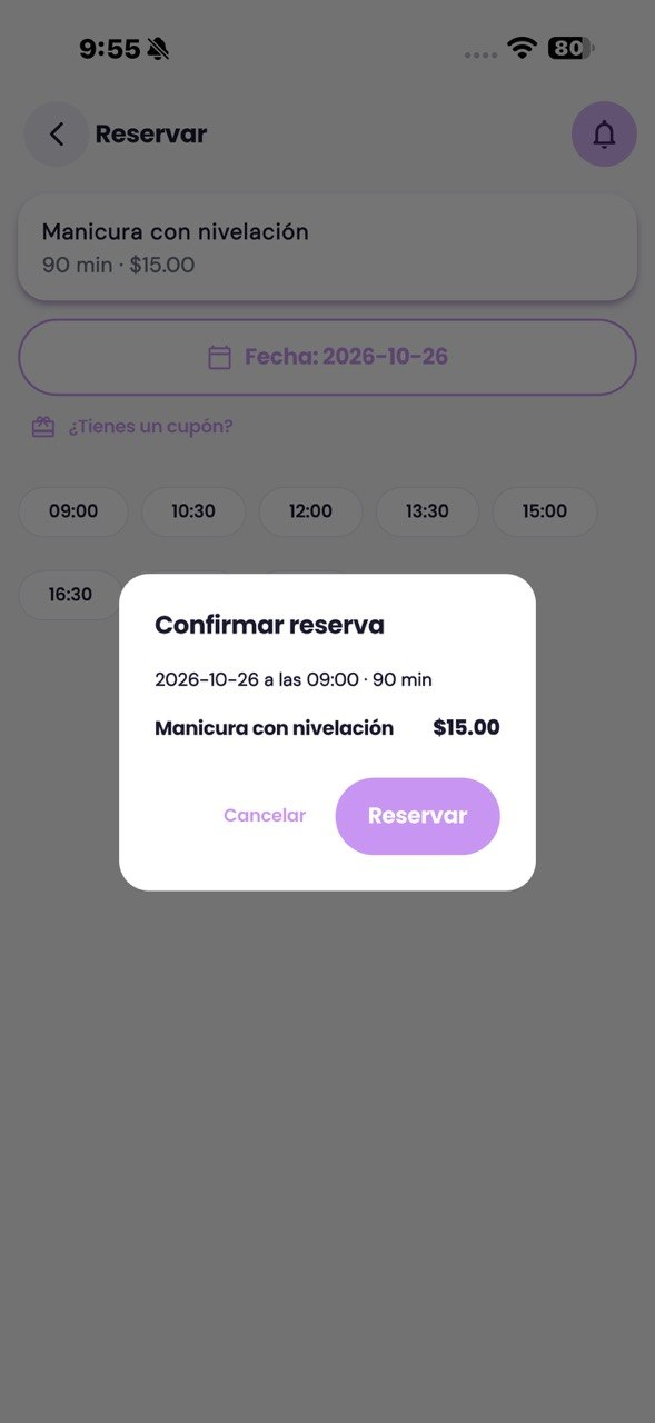 Pantalla de calendario y horarios disponibles en CuteApp
